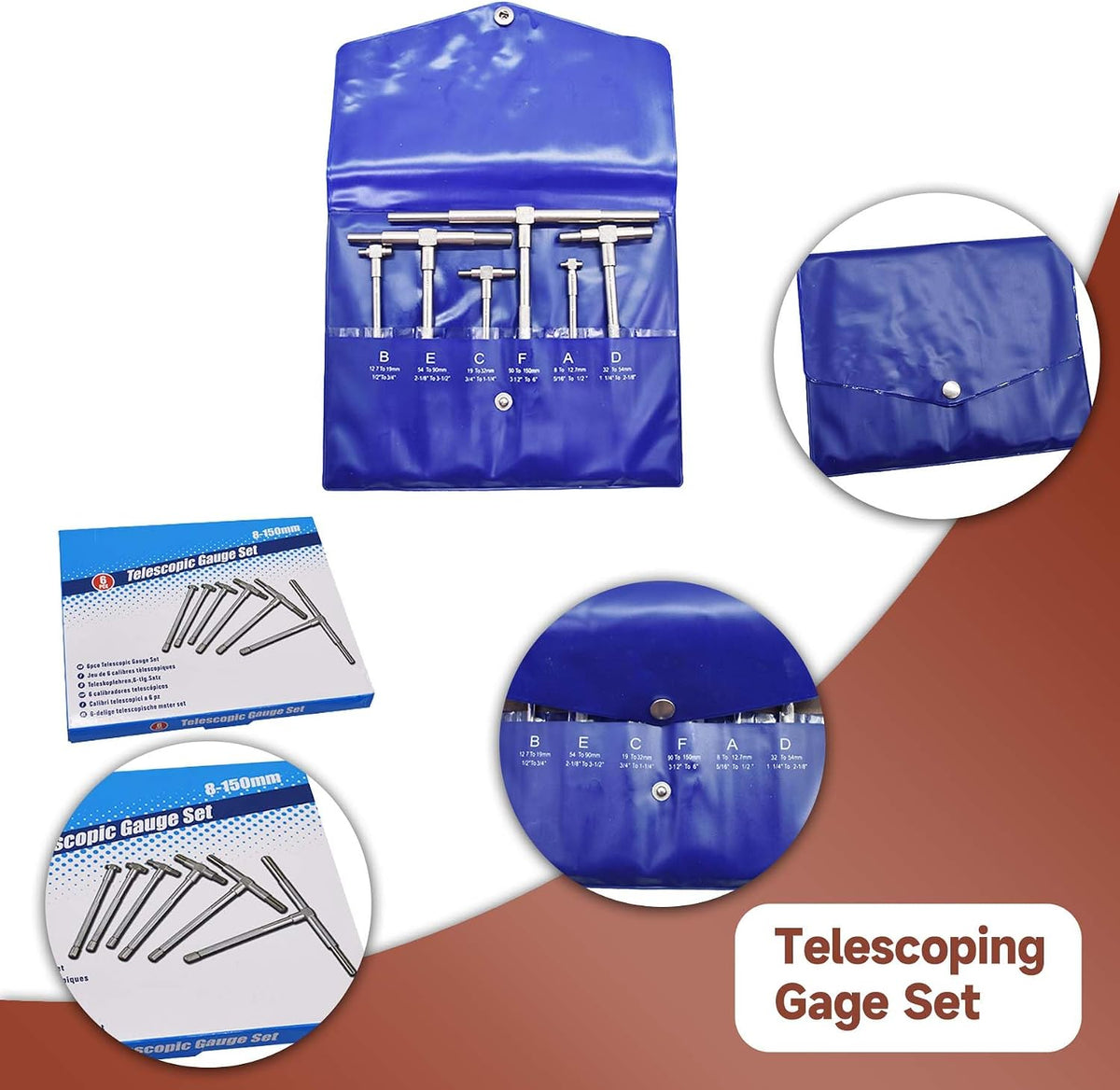 Set of six adjustable internal diameter gauges arranged together