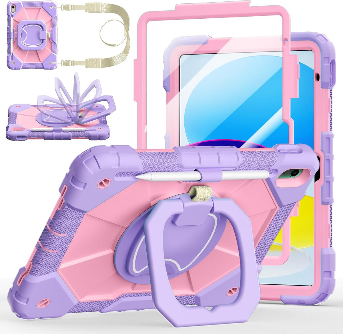 Ubearkk heavy duty tablet case front view showing built-in screen protector and rugged purple and pink bumpers.