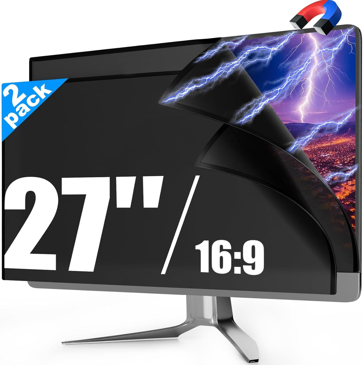 PJOVORY magnetic twenty-seven inch monitor privacy screen filter front view showing desktop blackout security shield.