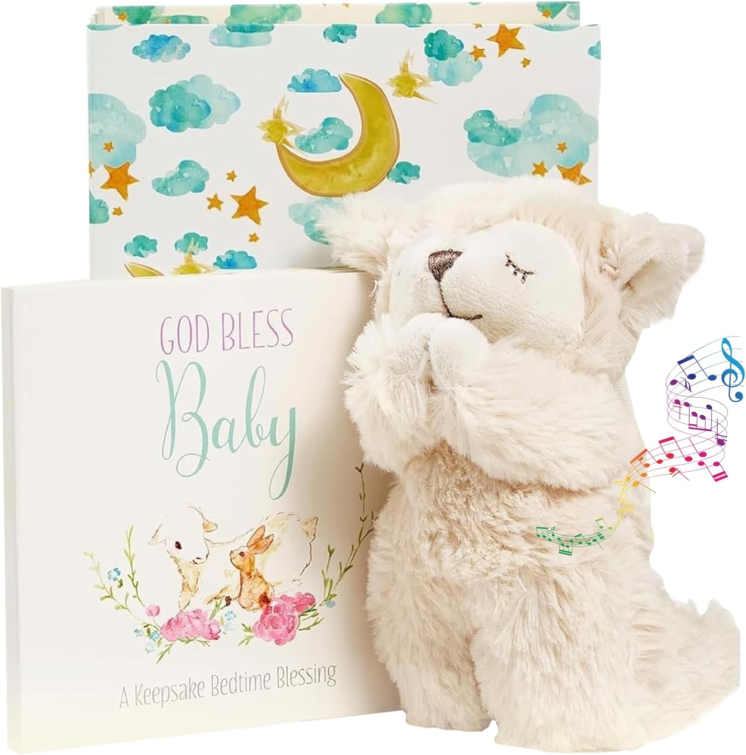 Tickle And Main Catholic Baptism Gift Set front view showing white presentation box with ribbon closure