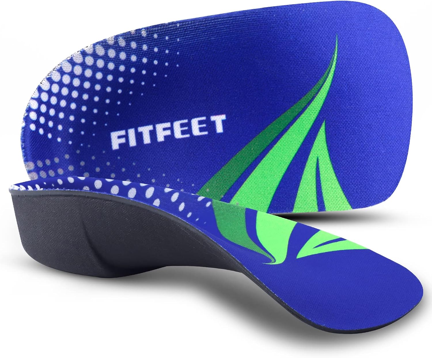 FitFeet arch support inserts front view showing blue and black 3/4 orthotic shoe soles.