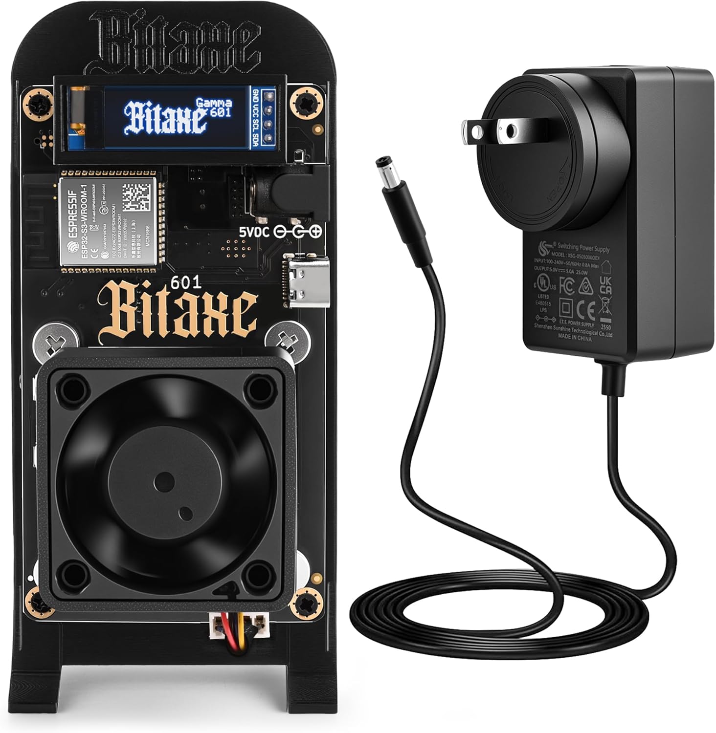 Yysluping Bitaxe Gamma 601 Bitcoin miner front view showing OLED display screen and cooling fan