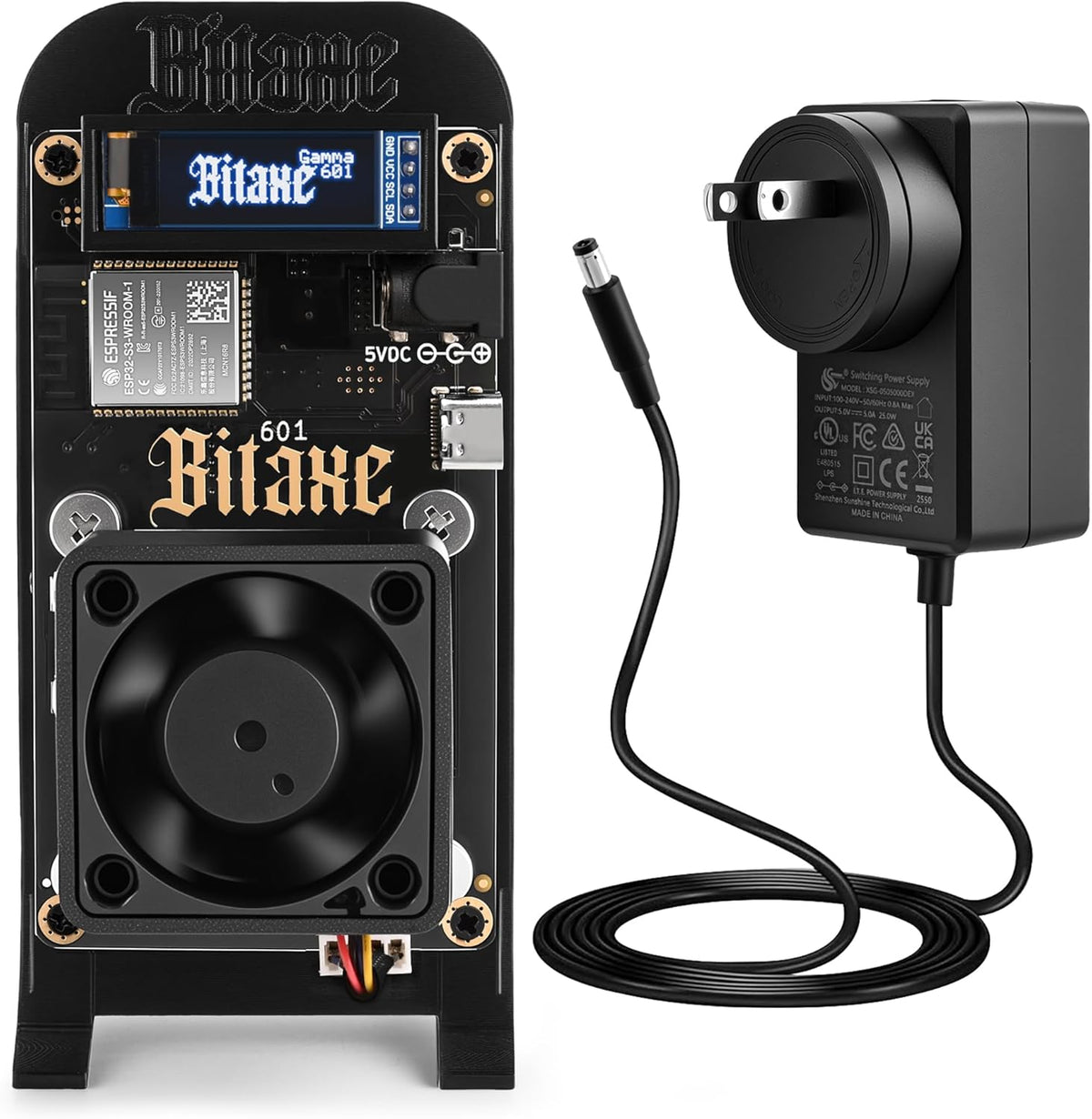 Yysluping Bitaxe Gamma 601 Bitcoin miner front view showing OLED display screen and cooling fan