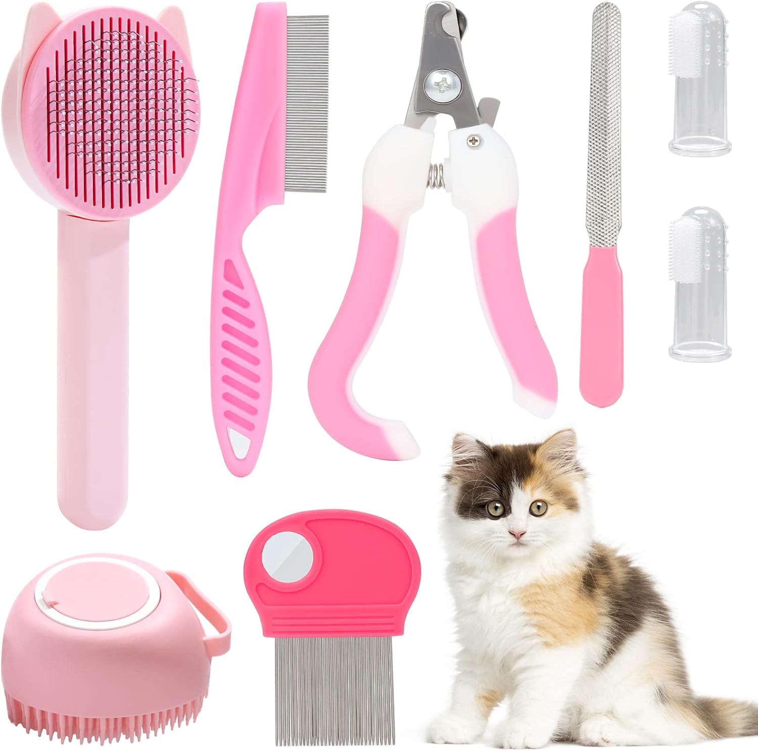 VCZONE Eight Piece Cat Grooming Kit in pink showing the full set front view for premium pet care.