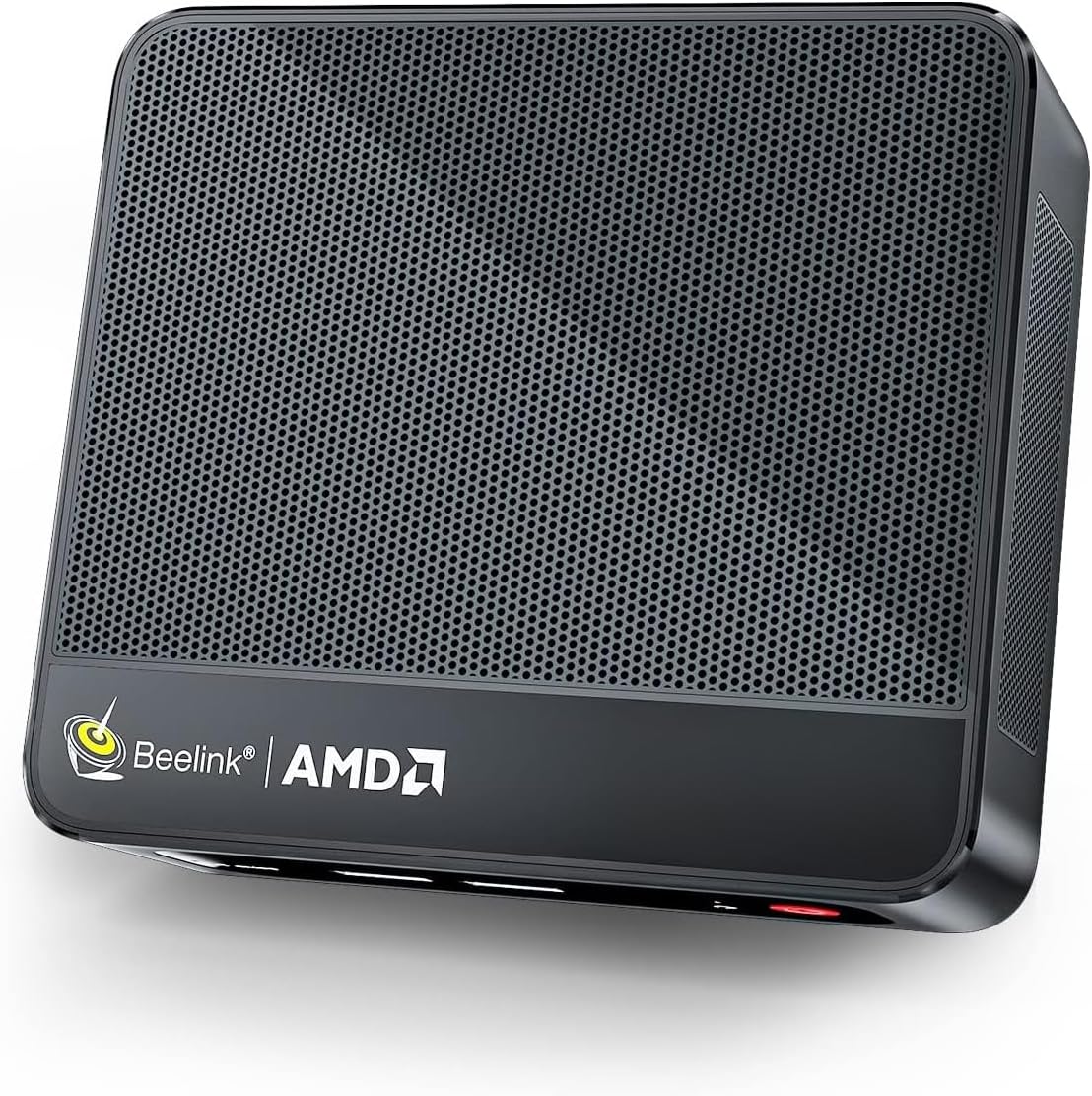 Beelink SER5 Pro Mini PC front view showing compact black chassis with red power button.