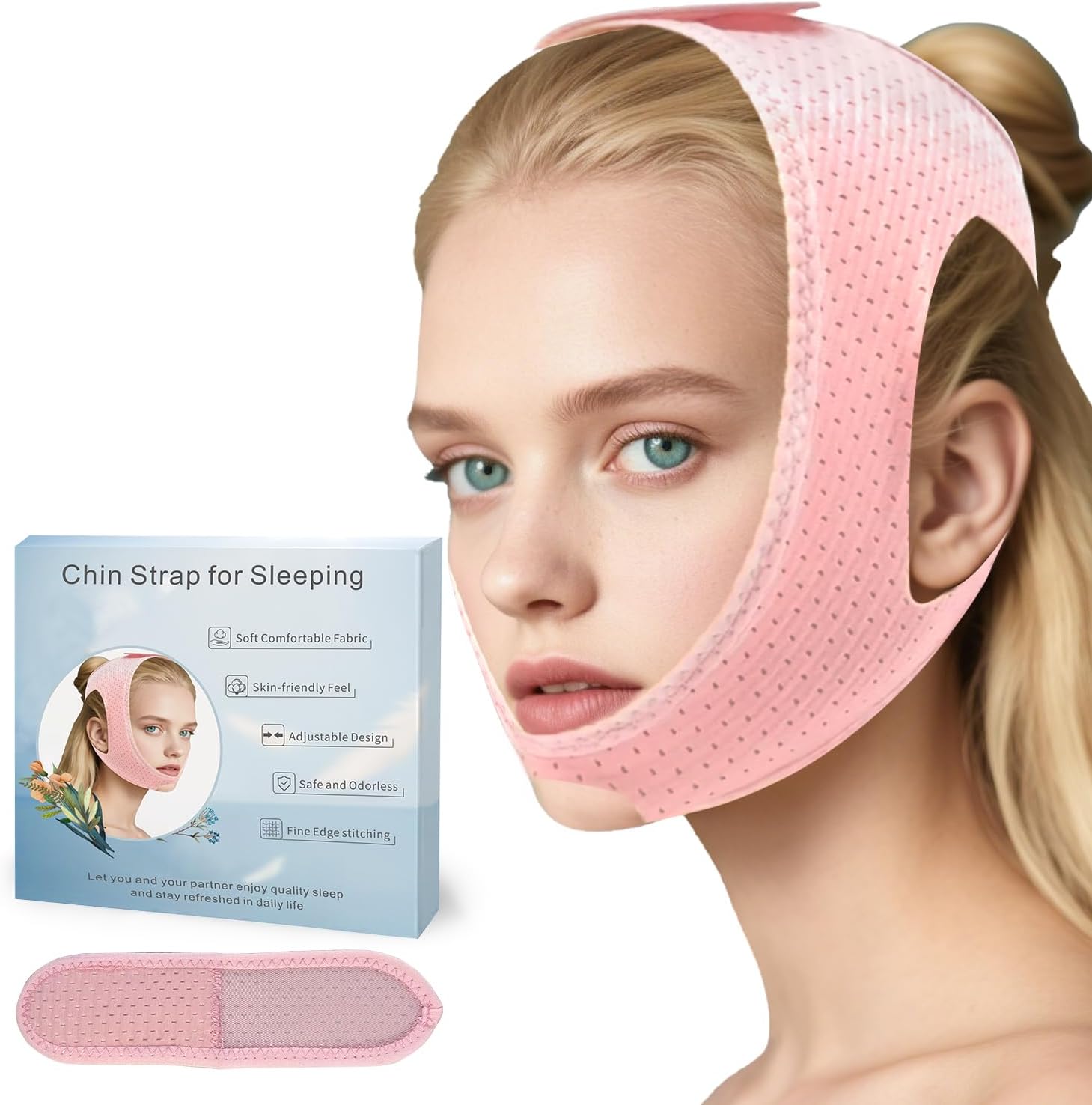 Chin Strap for Sleeping, Chin Strap for Cpap Users to Keep Mouth Closed, Jaw Strap for Sleep Apnea, Anti Snore Chin Strap with Adjustable & Breathable Fabric, (Pink/M) - Image 1