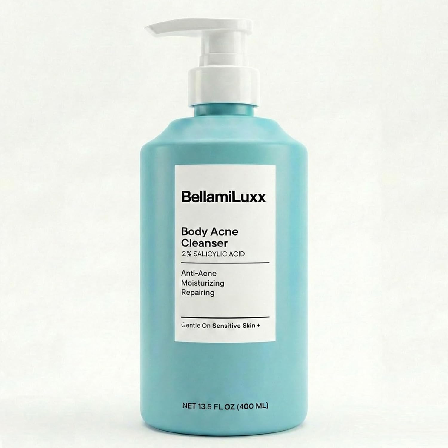 BellamiLuxx Body Acne Cleanser front view teal pump bottle salicylic acid wash
