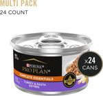 Purina Pro Plan high protein wet cat food packaging showing twenty four pull top cans