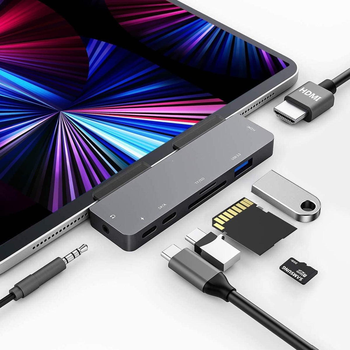 iPad Pro USB C Hub Adapter, 7-in-1 Hub, 4K@60Hz HDMI, SD/TF, 3.5mm, 60W PD - Image 1