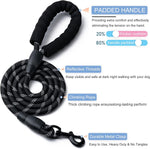 Black reflective dog leash with soft padded handle close up