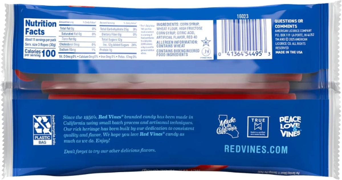 Red Vines classic chewy red licorice candy snack sized pieces close up view.