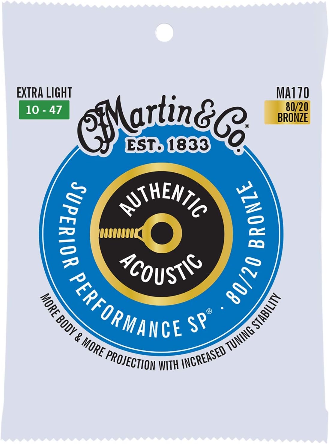 Martin guitar string set displayed for acoustic instrument tuning