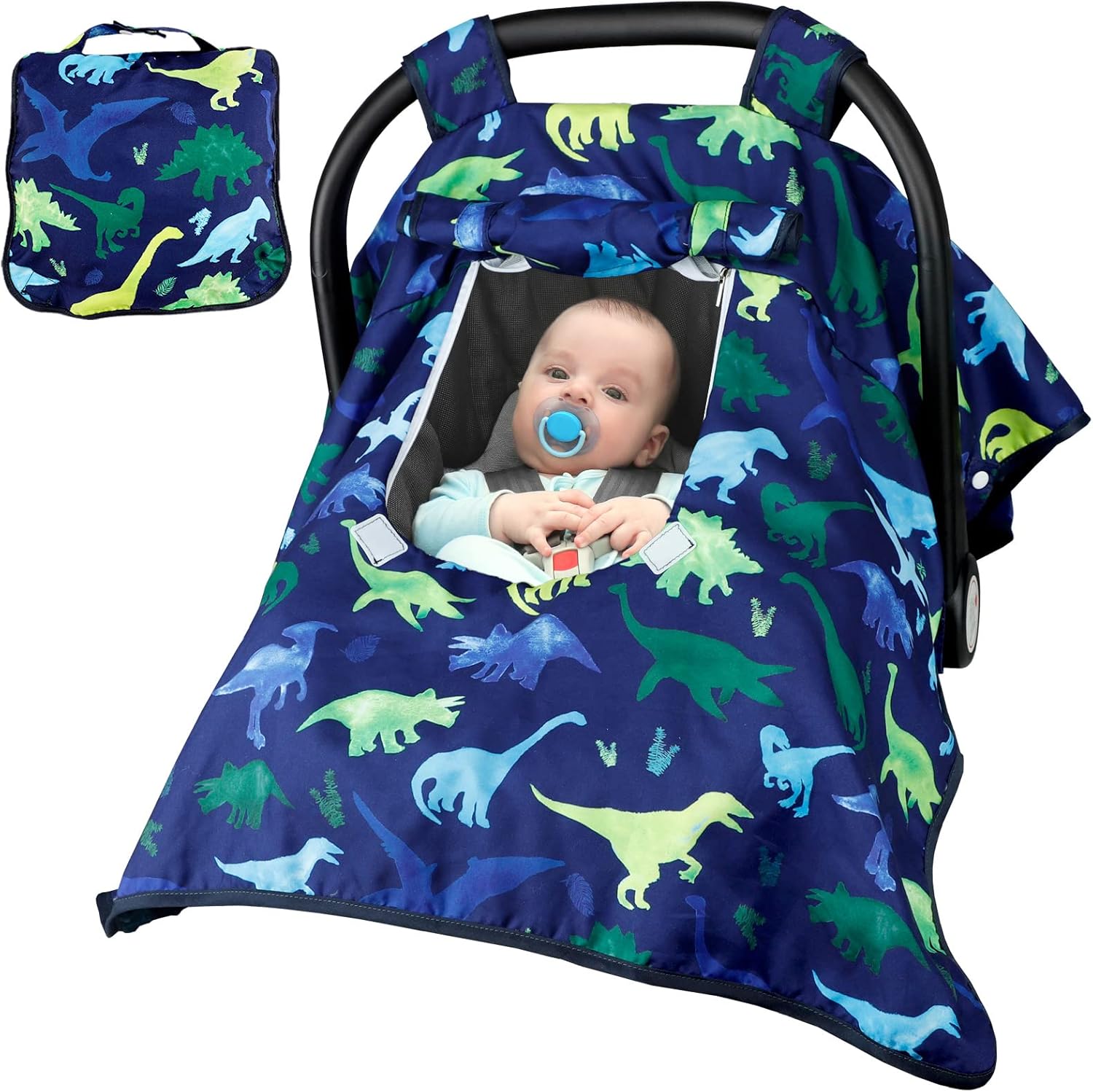 TANOFAR winter baby carseat cover blue dinosaur front view installed on infant carrier