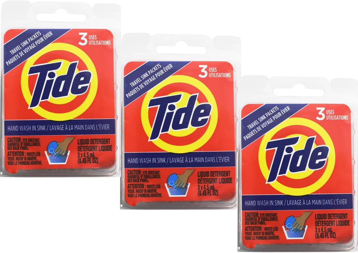 Tide portable laundry detergent packets packaged ready for travel