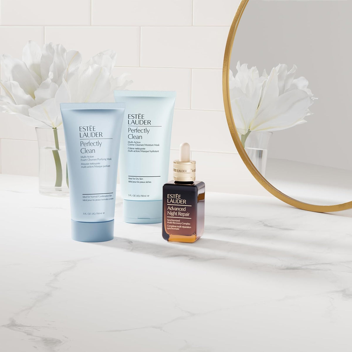 Estée Lauder dual-purpose cream cleanser and moisture mask bottle showing directions