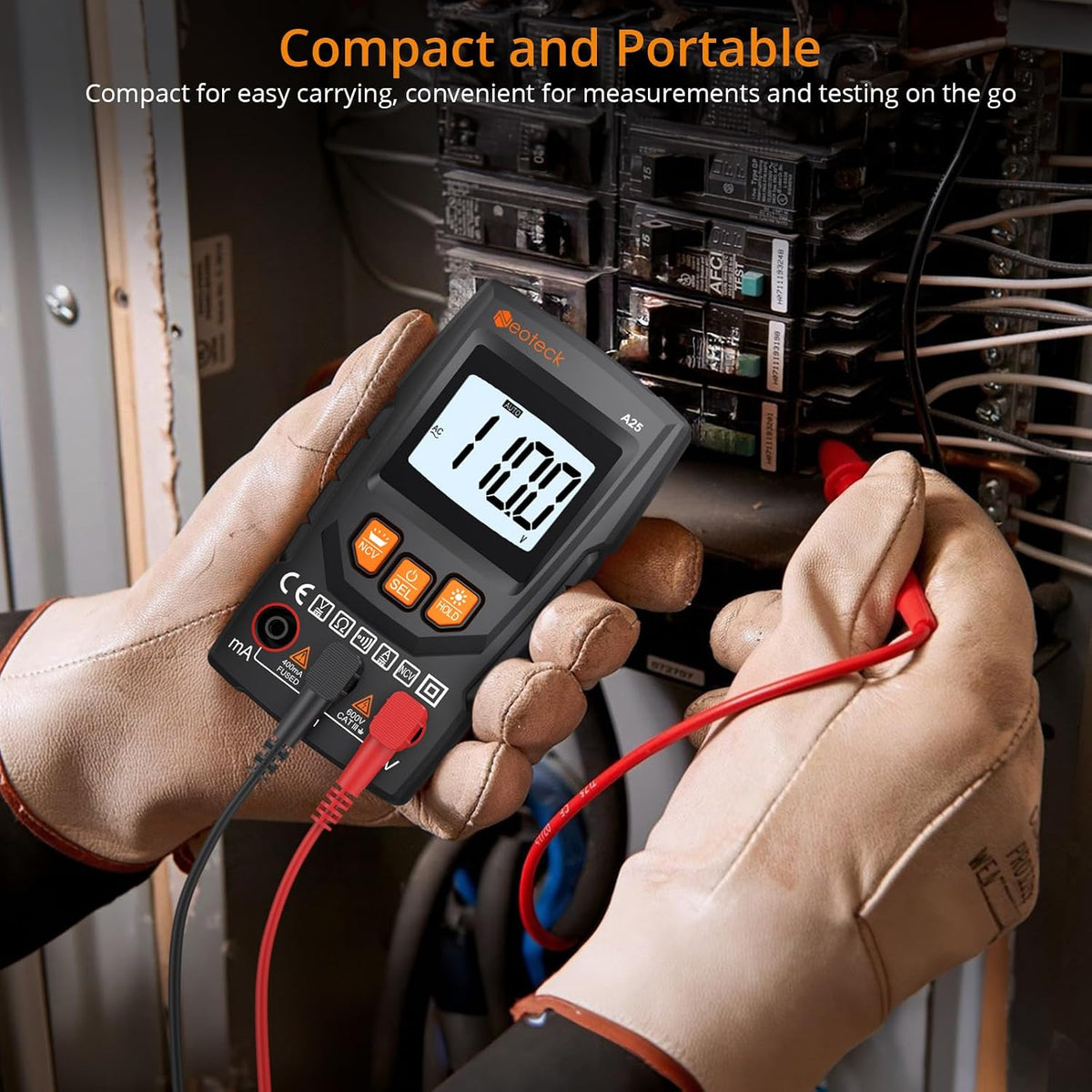 Neoteck digital multimeter battery compartment and back label
