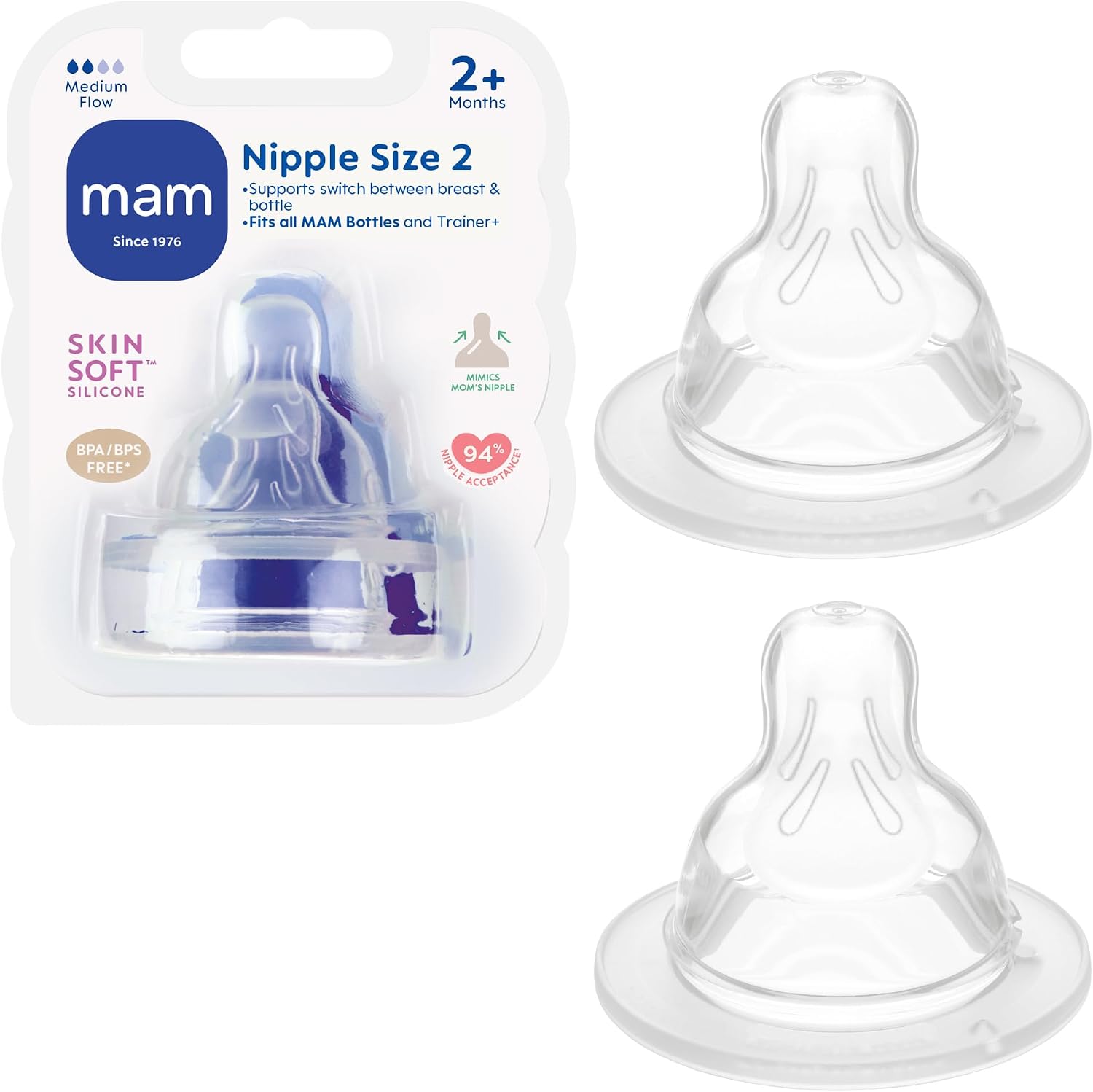 MAM baby bottle anti-colic medium flow nipples front packaging view