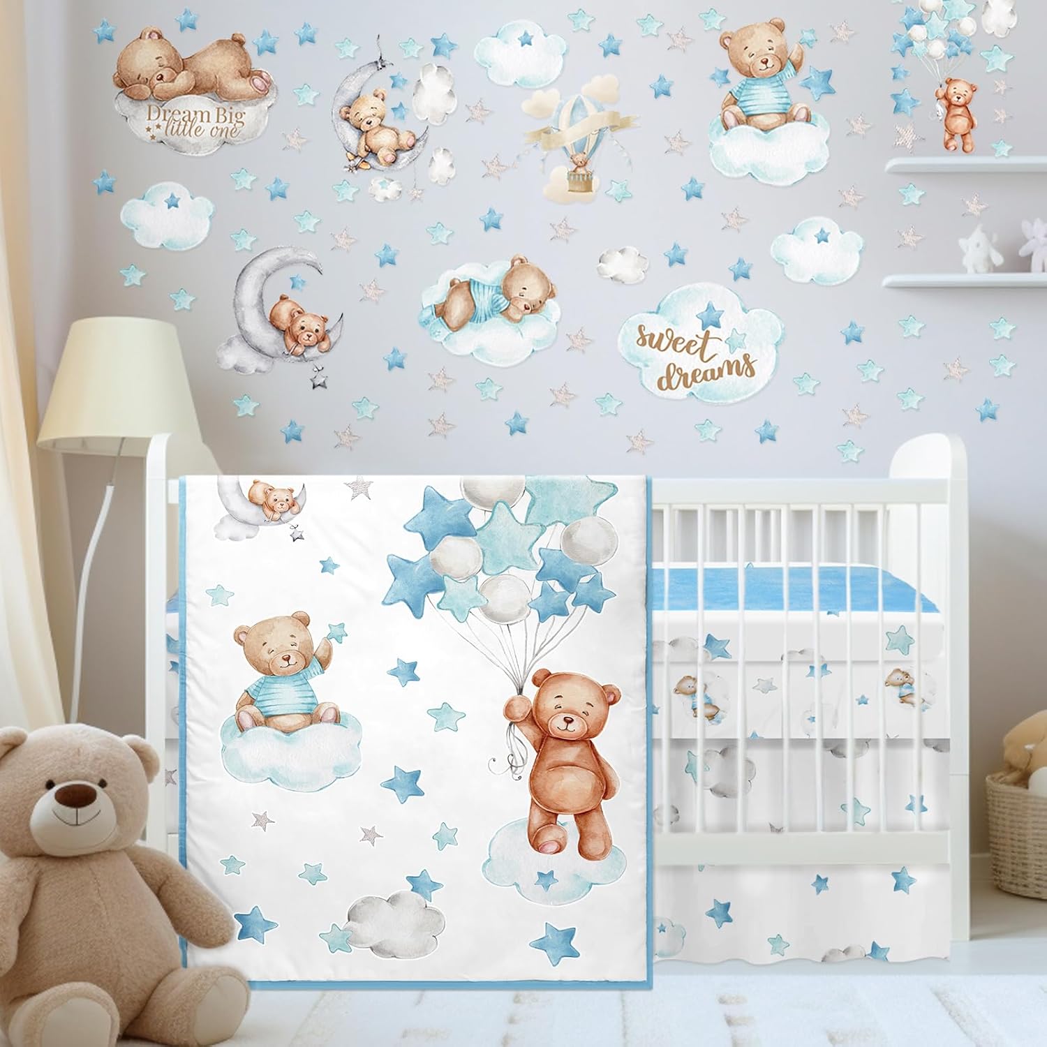Mixweer 5 Piece Crib Bedding Set front view of complete blue bear nursery setup
