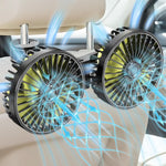 Huenlyel dual head usb car backseat fan front view showcasing the two black adjustable cooling fan heads mounted on a headrest clip.