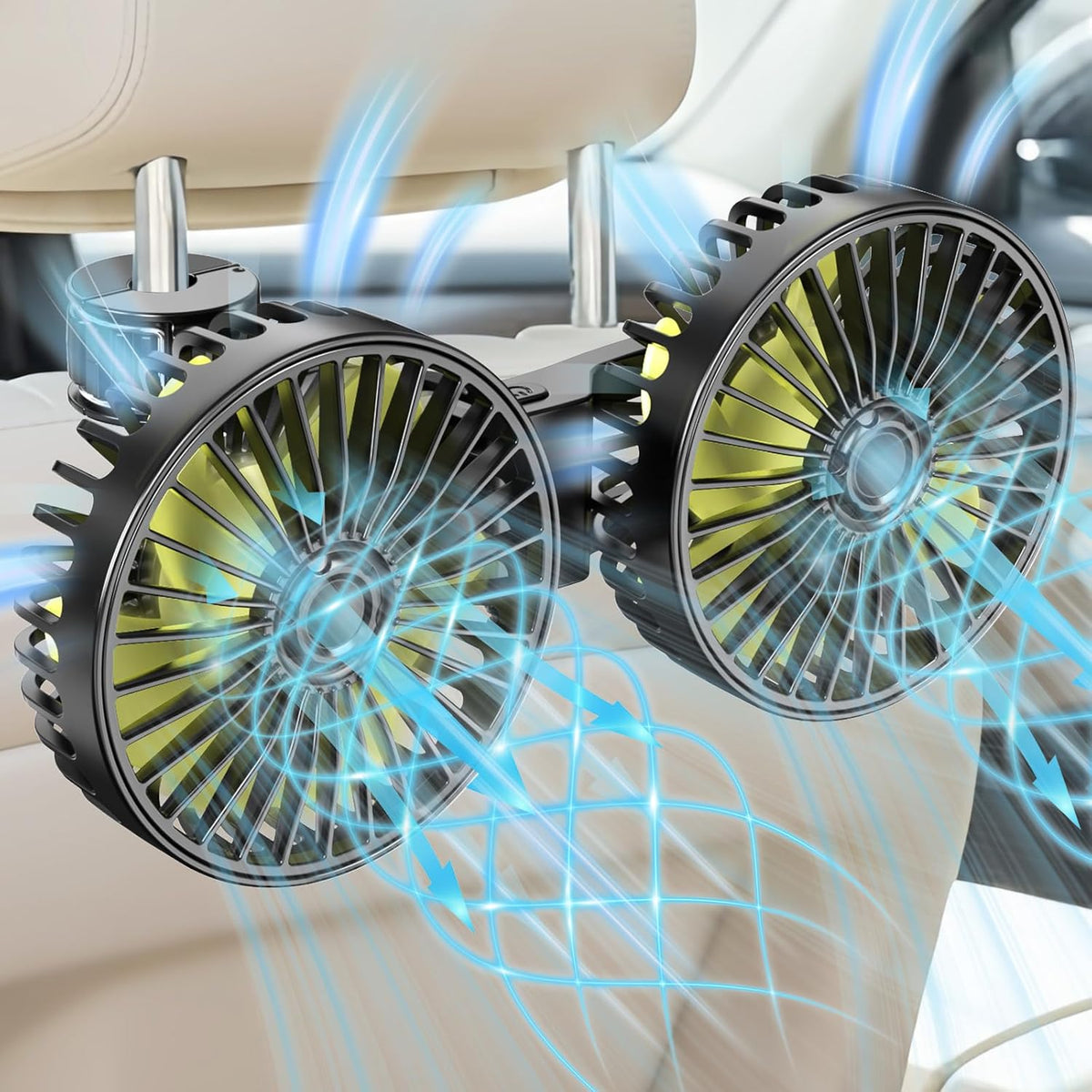 Huenlyel dual head usb car backseat fan front view showcasing the two black adjustable cooling fan heads mounted on a headrest clip.