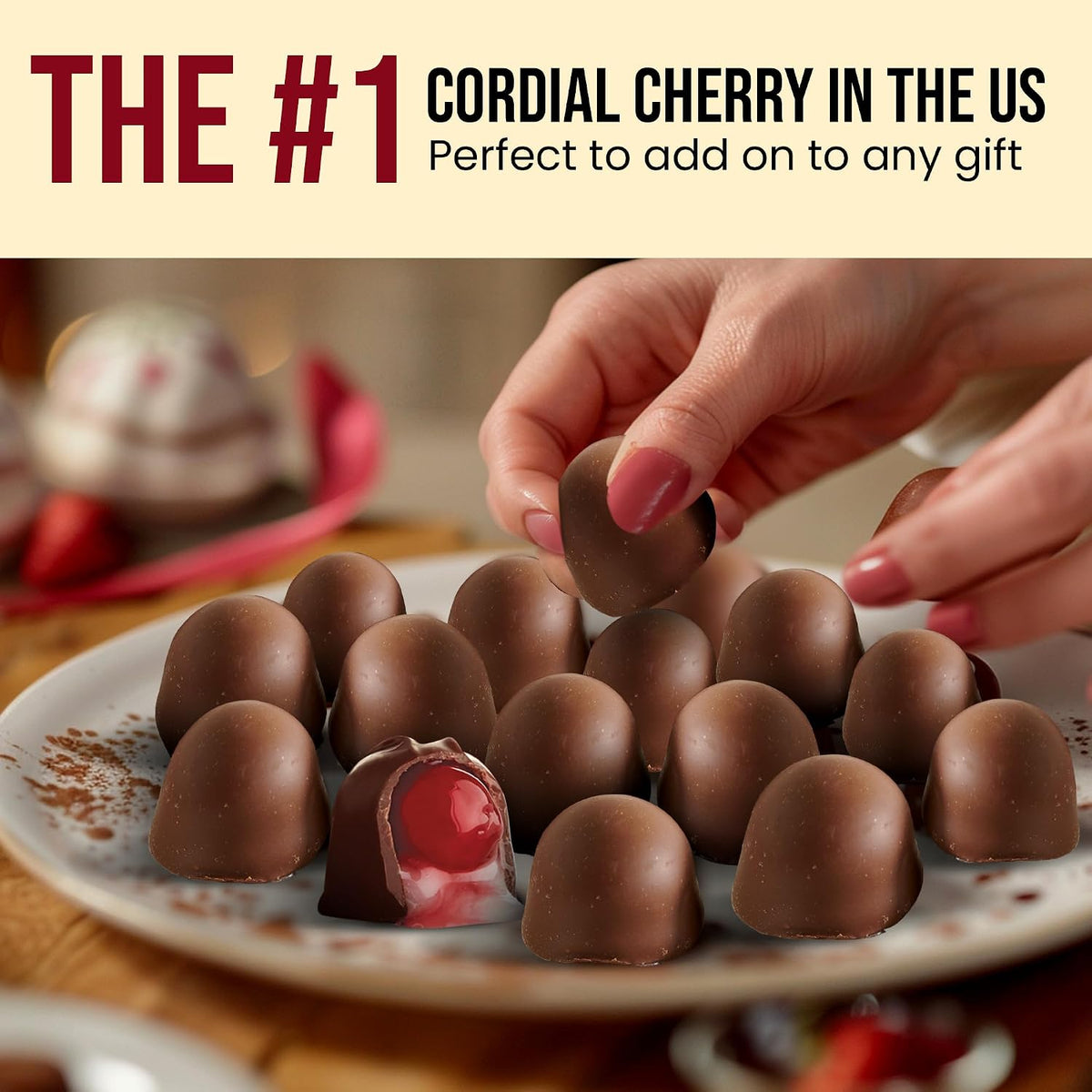 Close up of milk chocolate coated maraschino cherry candy
