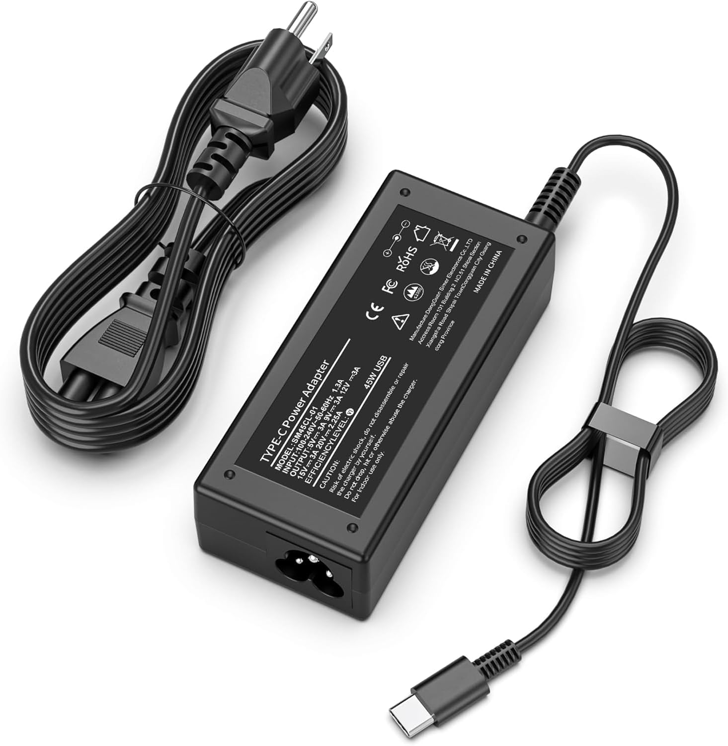 SLE-TECH universal 45W Chromebook laptop charger front view showing the compact black adapter block.