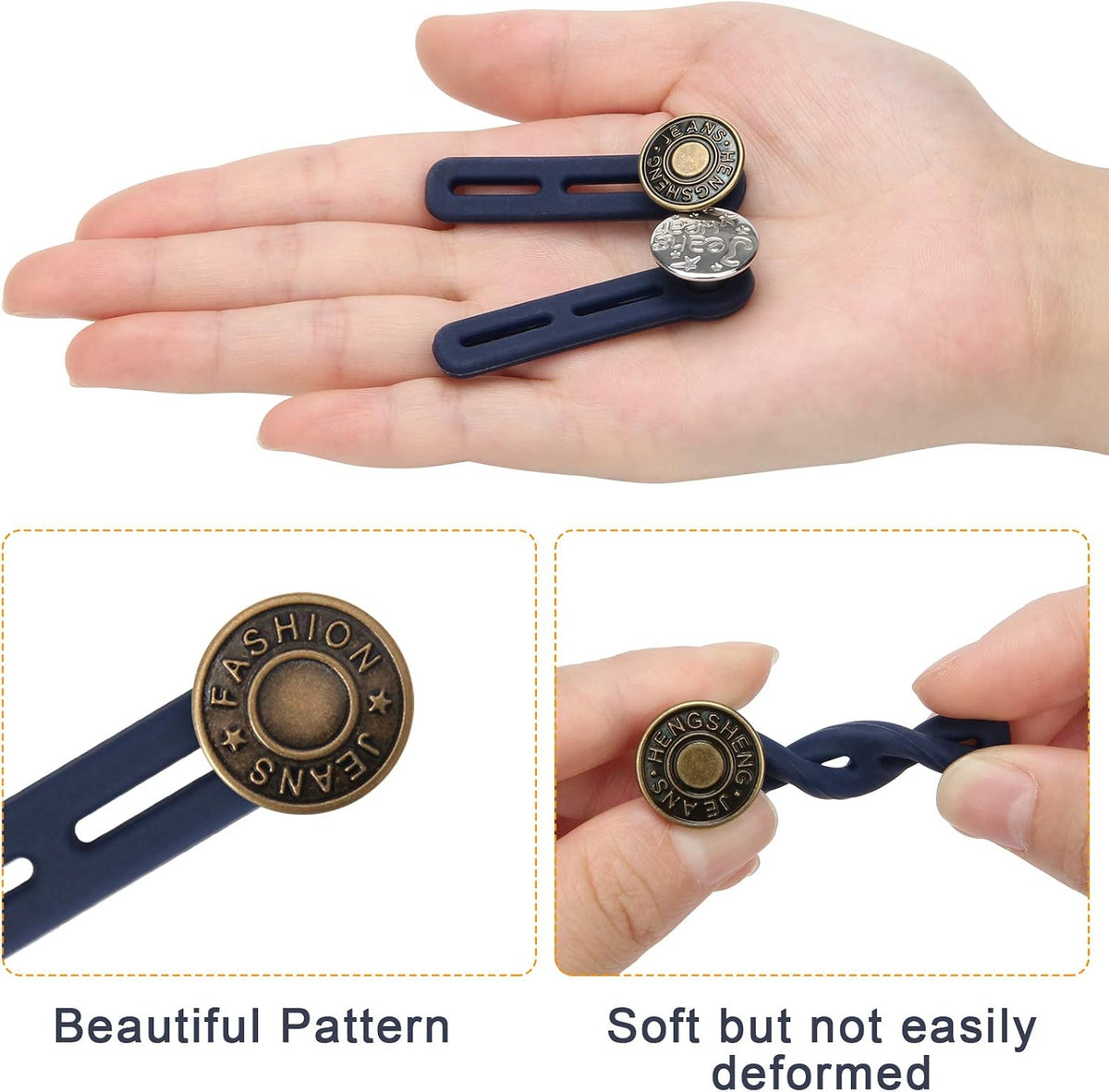 No sew jean button expander attached to denim trousers