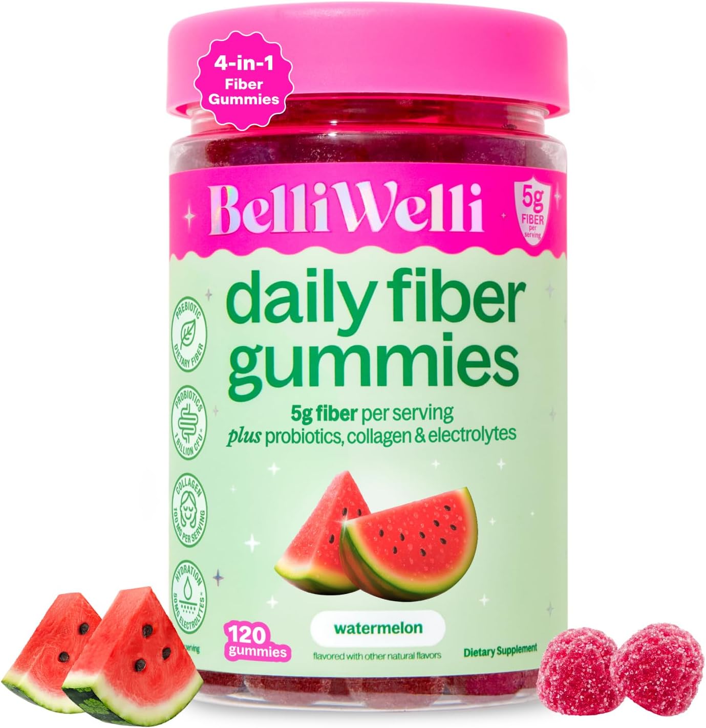 Belli Welli 4 In 1 Fiber Probiotics Bloat Relief Watermelon 120 Gummies front view bottle for digestive health