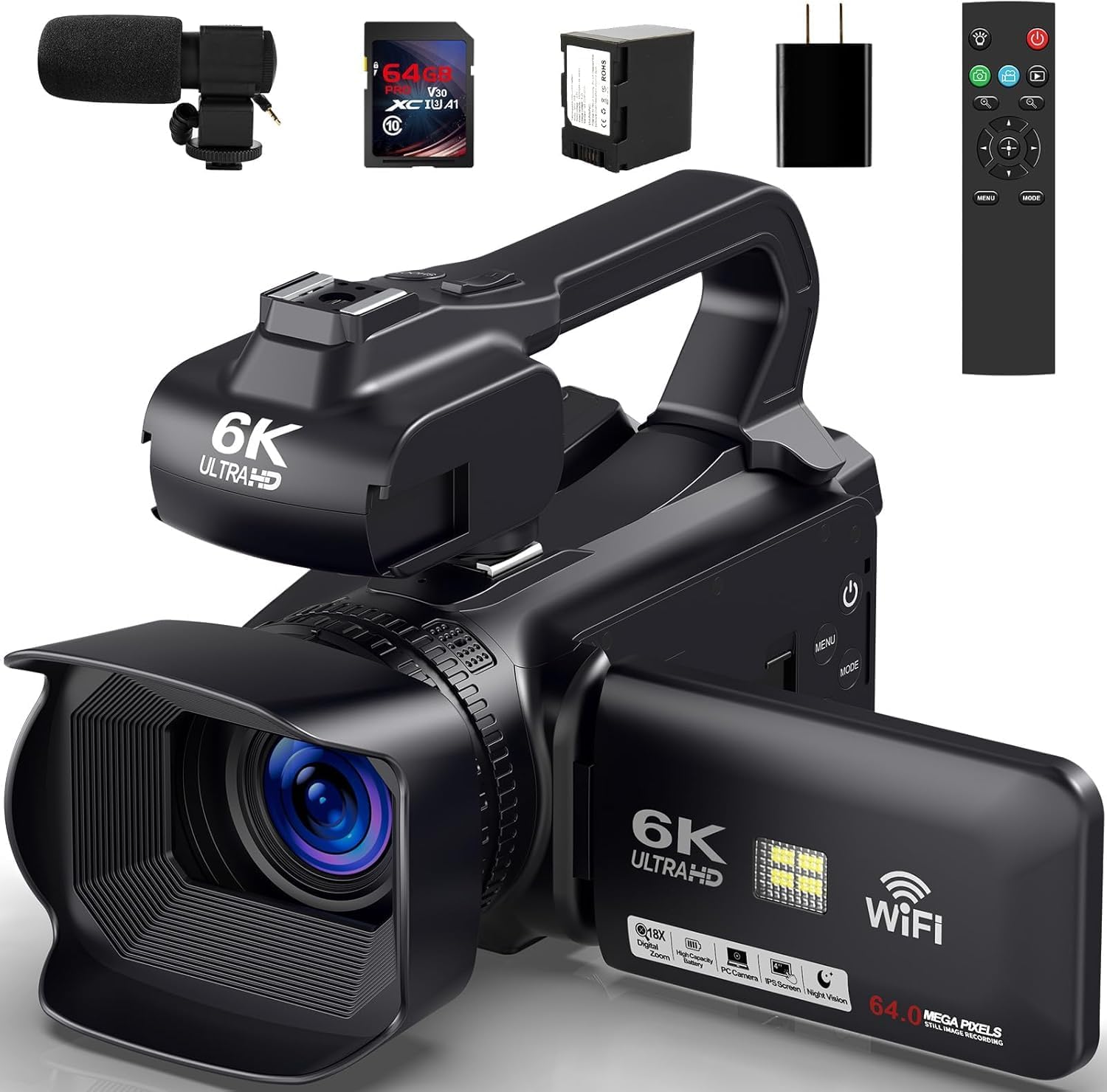 6K Camcorder Video Camera 64MP IR Night Vision Vlogging Camera for YouTube 18X Digital Zoom 4.0 Inch Touch Screen Video Camera with WiFi, Microphone, Remote Control, 64GB SD Card,Stabilizer - Image 1