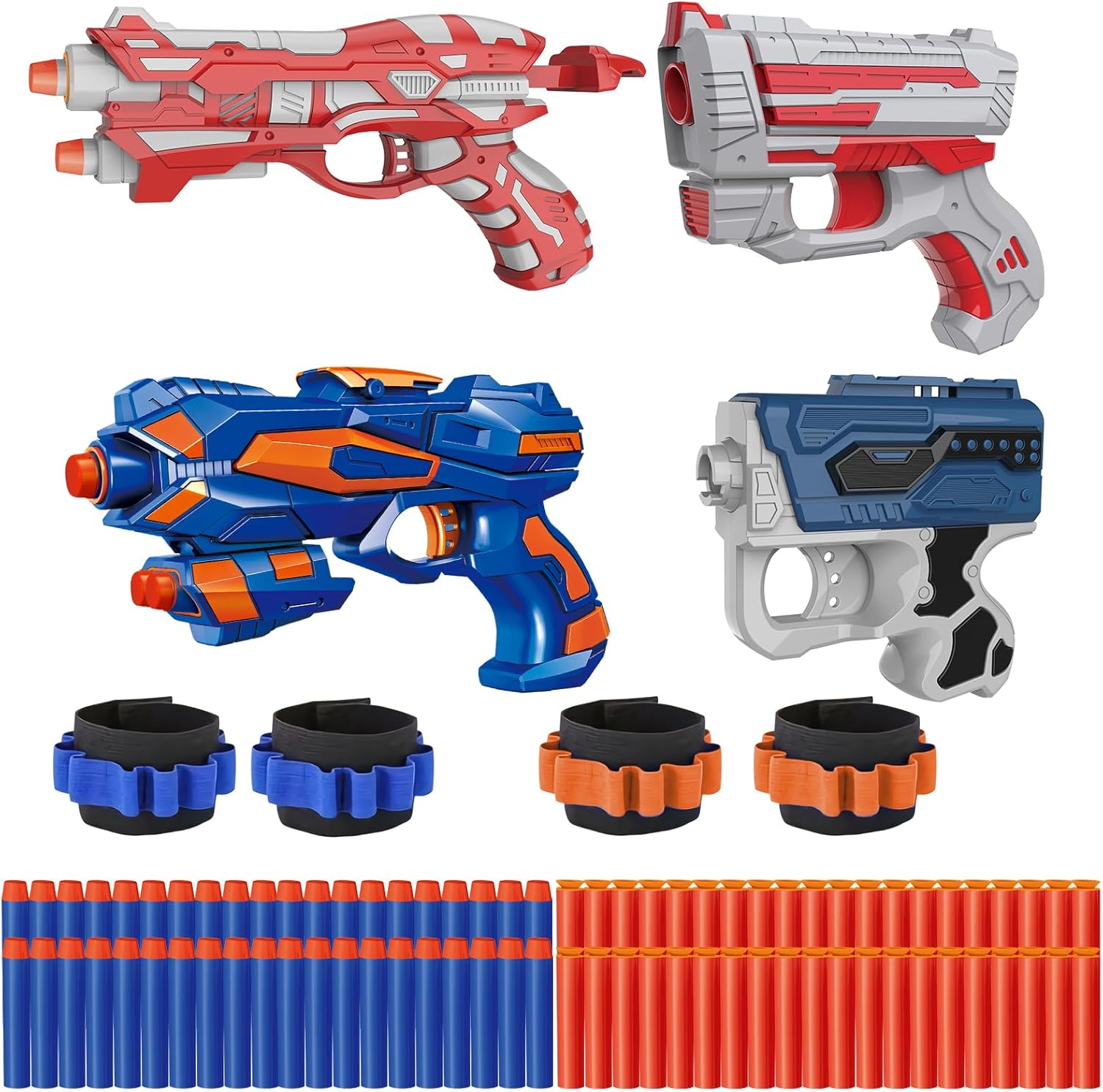 Kasebro 4 pack foam dart blaster set front view showcasing four colorful toy launchers