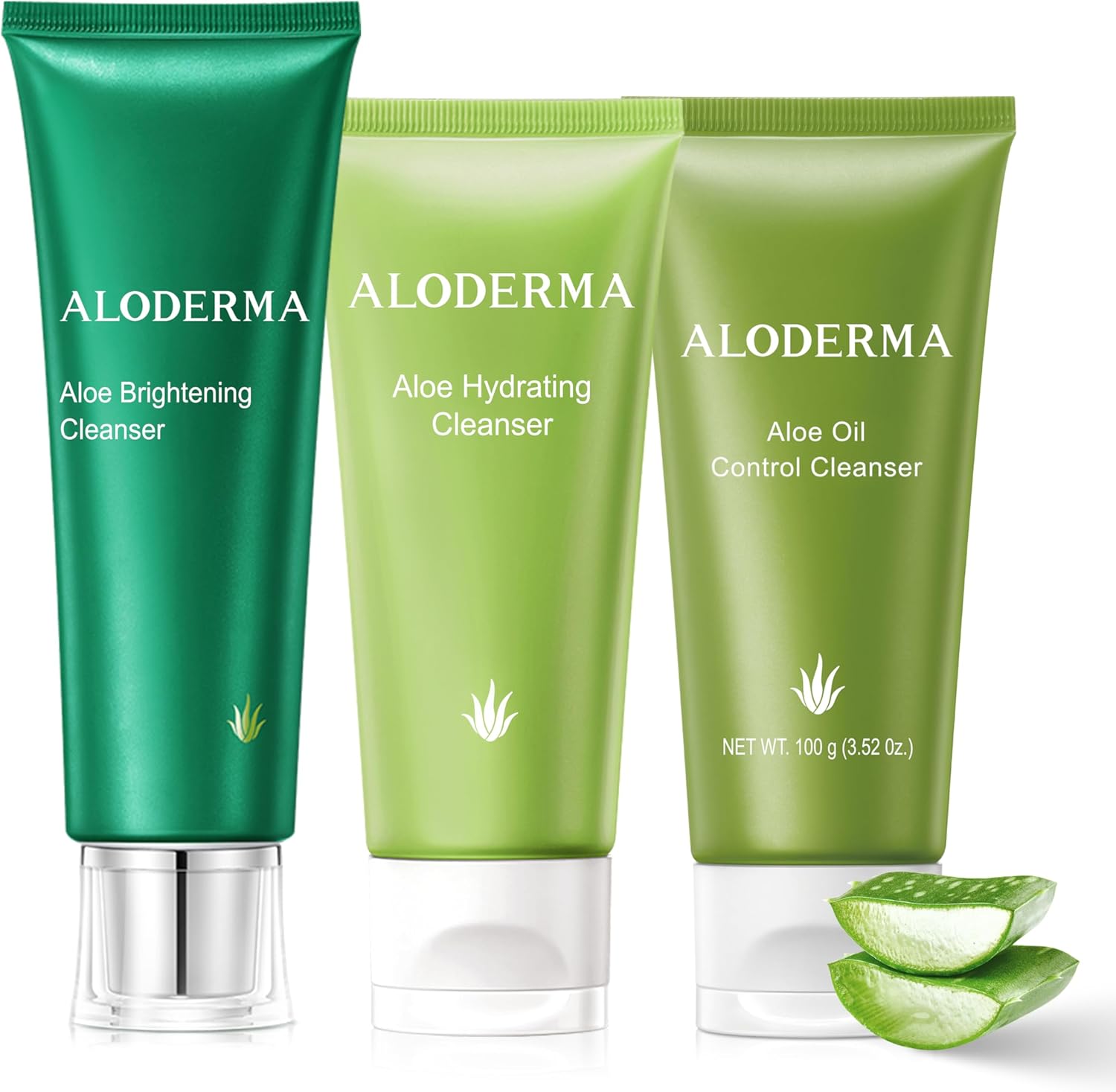 Aloderma Aloe Cleanser Set 3 Pieces front view showcasing organic face wash tubes