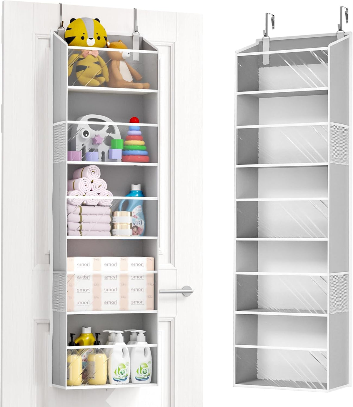Full length view of the beige ULG door organizer in a bedroom