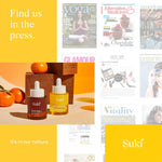 Suki skincare product layout with promotional branding elements