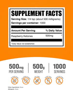 BulkSupplements pure raspberry ketones powder nutritional facts and serving size information