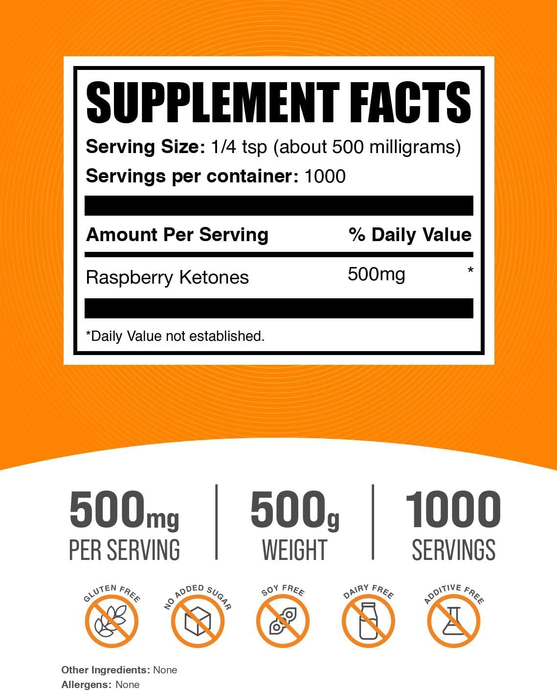 BulkSupplements pure raspberry ketones powder nutritional facts and serving size information