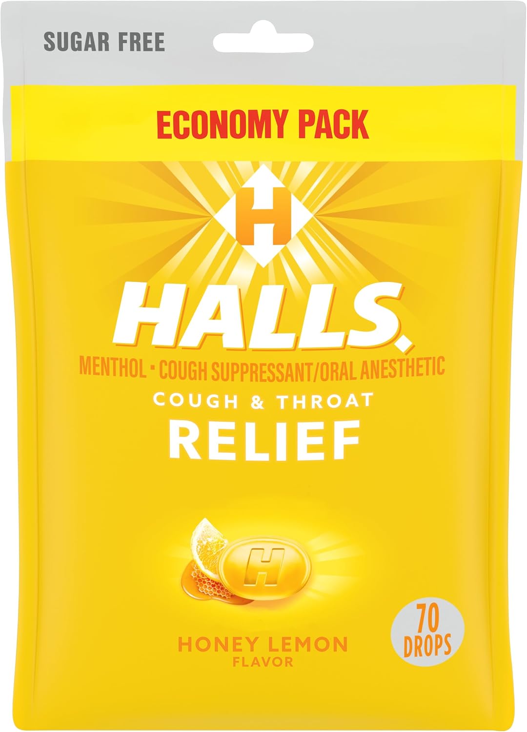 Halls relief honey lemon sugar free cough drops front view package