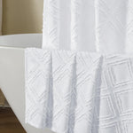 OWENIE white shower curtain set front view featuring textured jacquard geometric pattern in a modern farmhouse bathroom setting