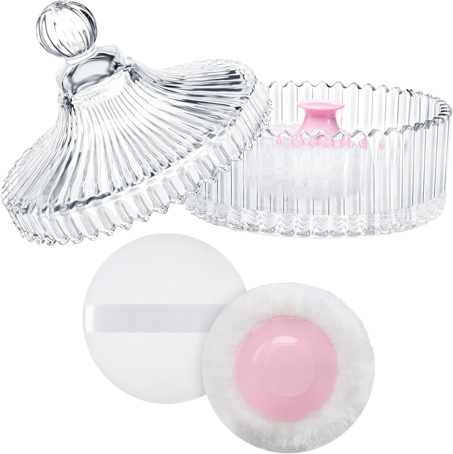 Lakira extra large body powder puff and container front view on vanity