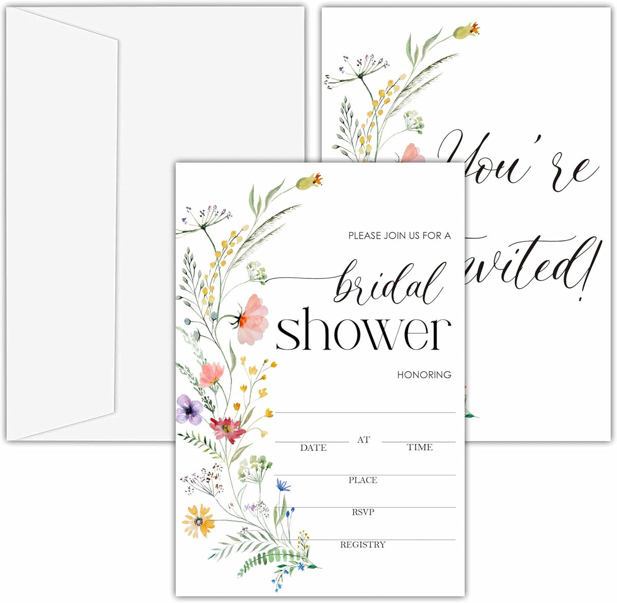 OXRUN bridal shower invitations 25 count front view showing watercolor wildflower borders