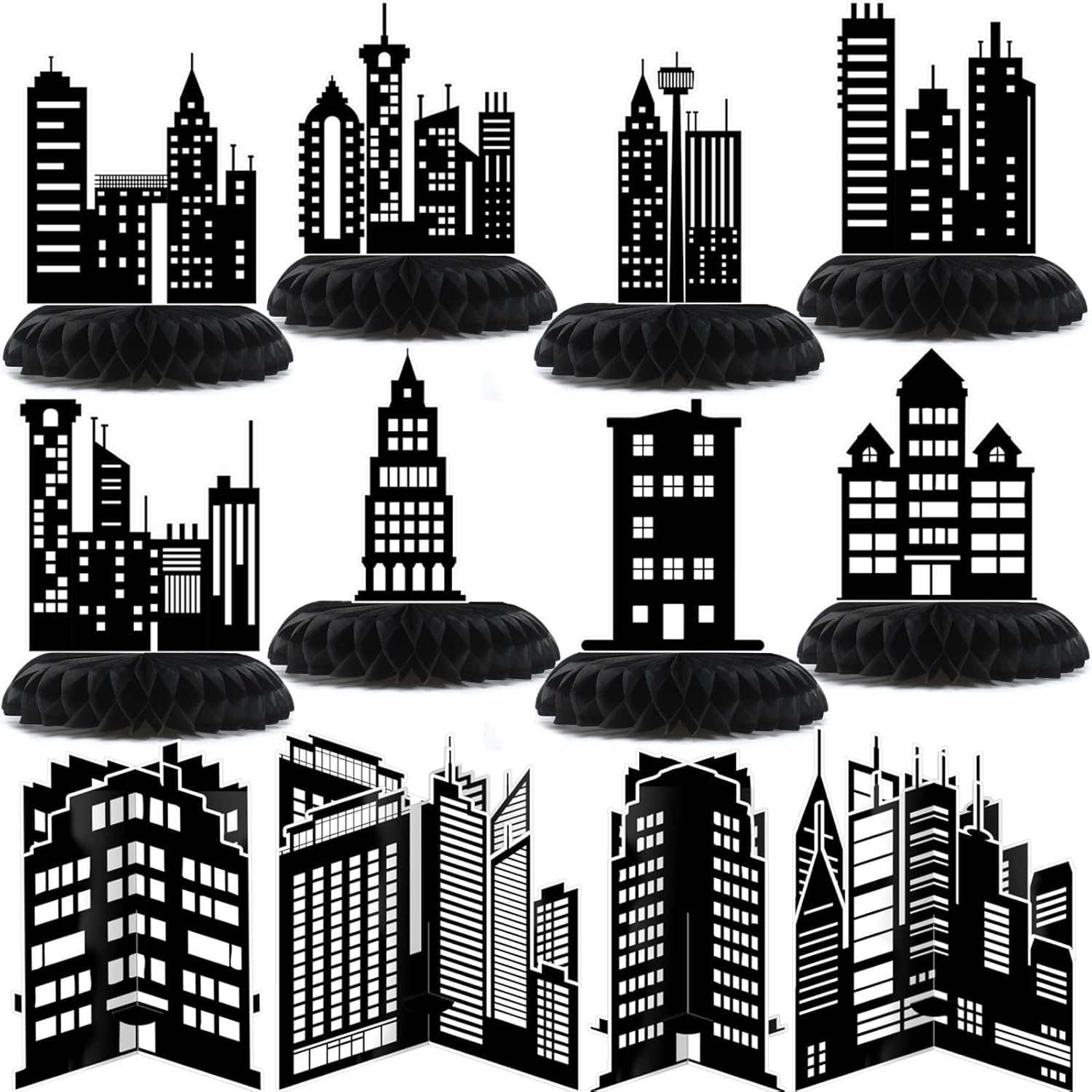 Pickmesh 12 piece hero city skyscraper honeycomb centerpieces front view