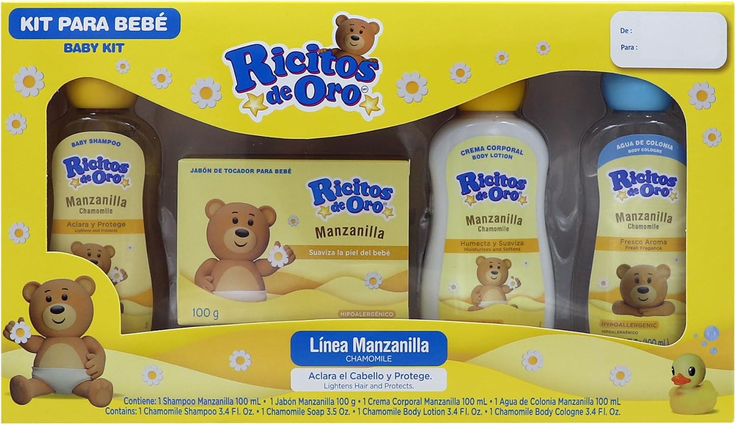 Ricitos de Oro Baby Kit, Chamomile, Hypoallergenic Products, Chamomile Shampoo, Bar Soap, Body Lotion, Body Cologne, 4 Products Inside, One Kit - Image 1