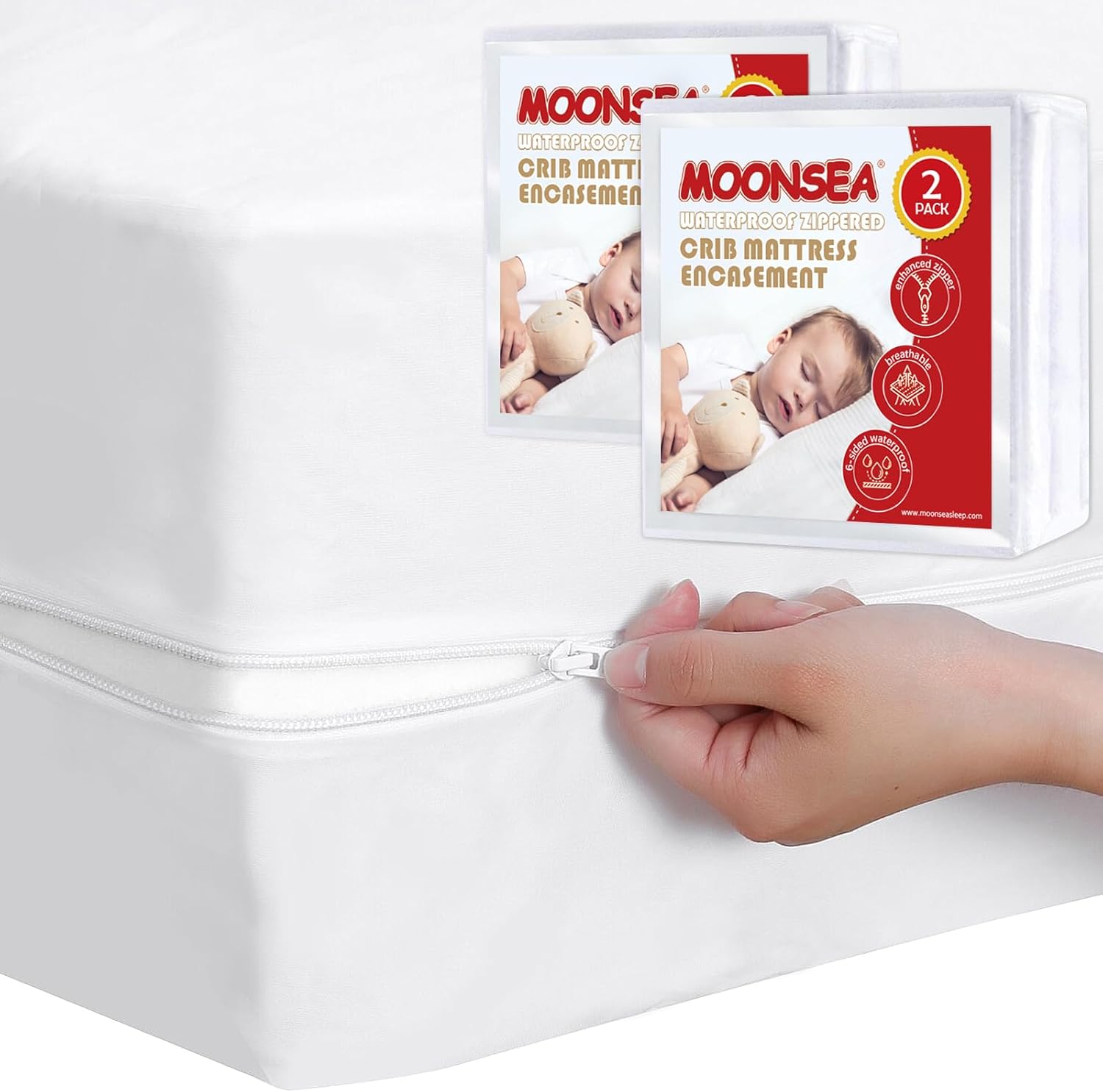 Moonsea waterproof zippered crib mattress protector pack of two front view shielding baby bed