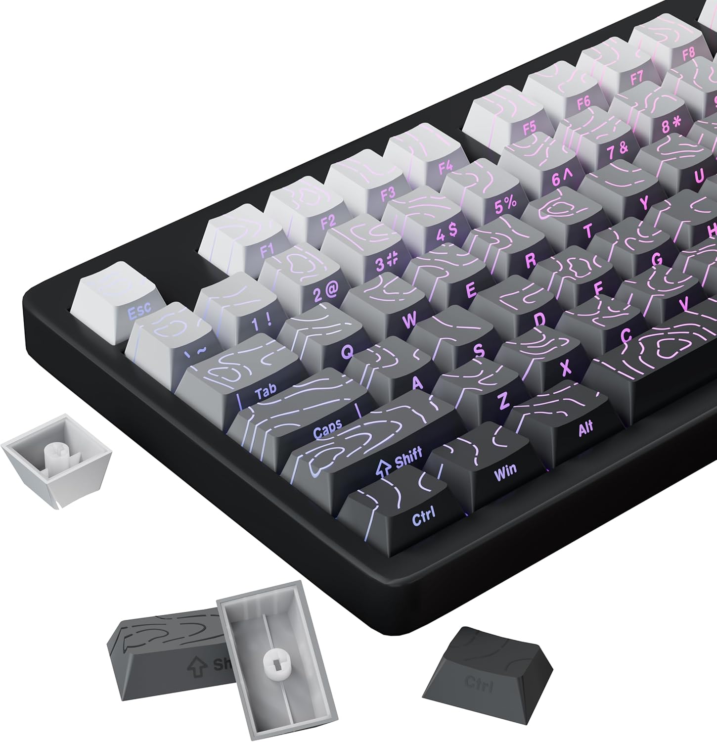 FunHub Shine Through PBT Keycaps Black Gradient Topographic set installed on a glowing RGB mechanical keyboard front view.