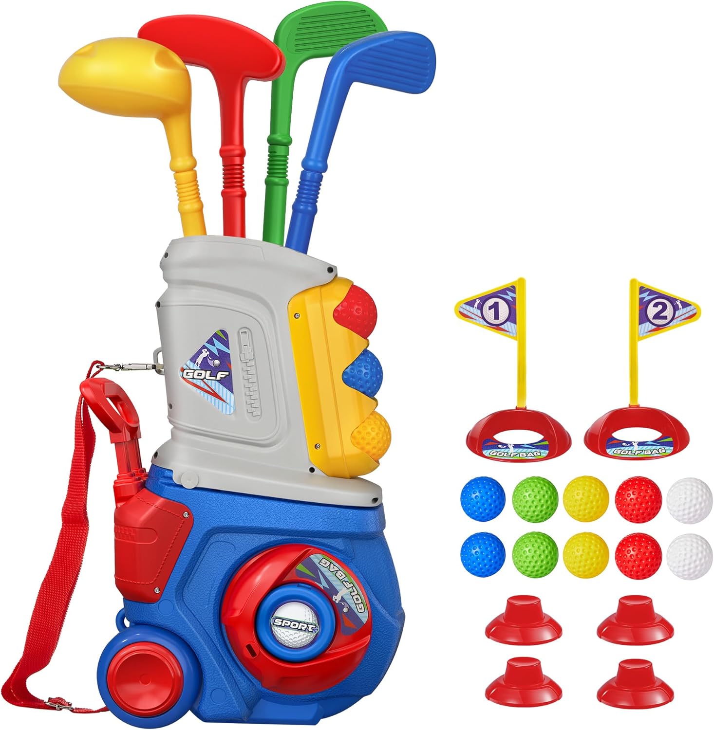 PJG toddler golf set with 4 clubs and 10 balls front view