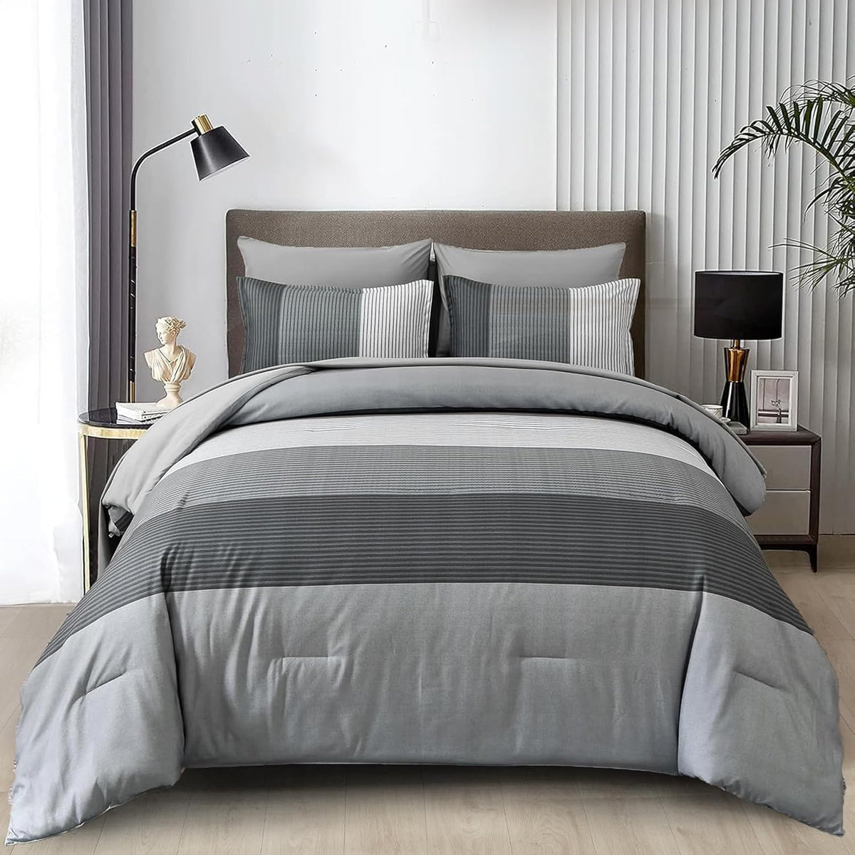 WONGS BEDDING Purple Comforter Set Queen, Reversible Purple Striped Patchwork Alternative Comforte Set for Queen Bed,3 Pieces(1 Comforter+2 Pillowcases), Soft Microfiber Bedding Set 90"x90" - Image 10