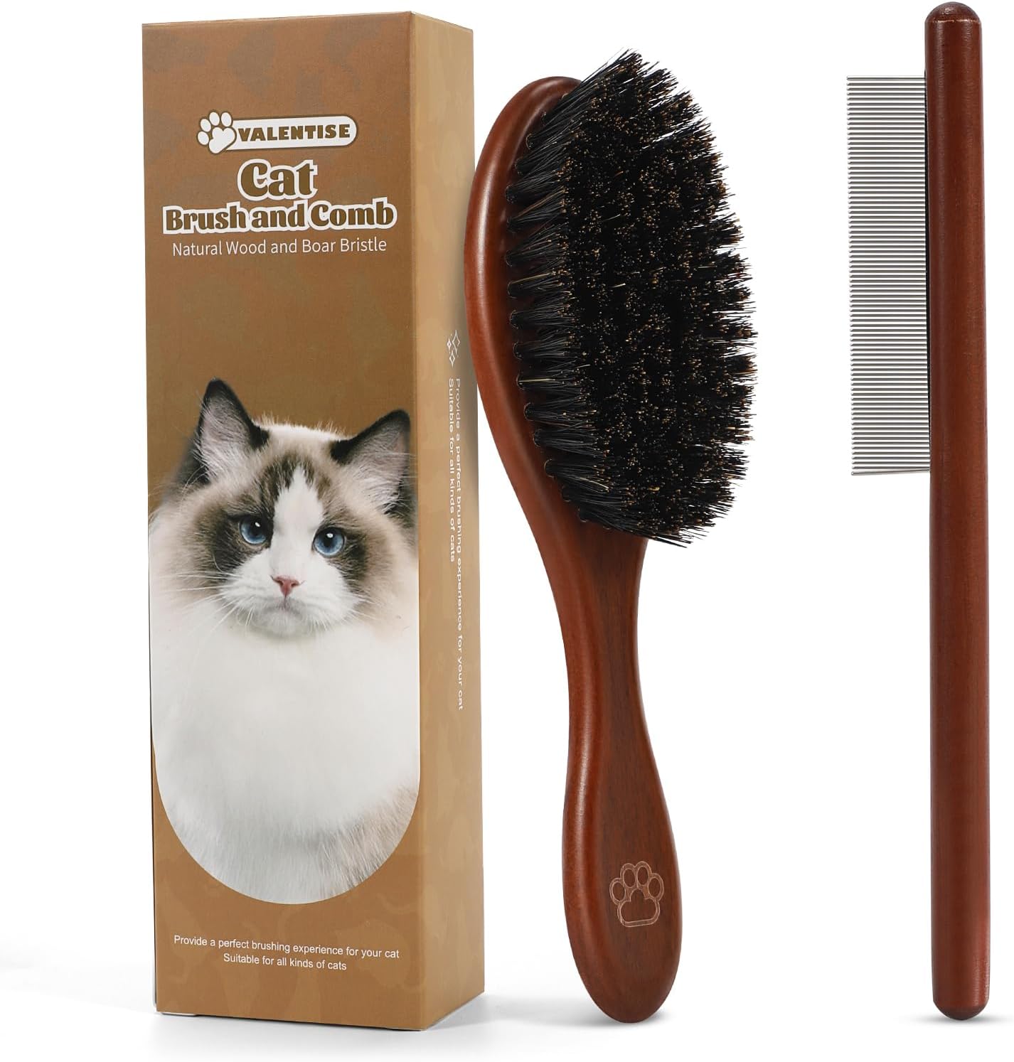 Valentise wooden cat brush and comb set front view