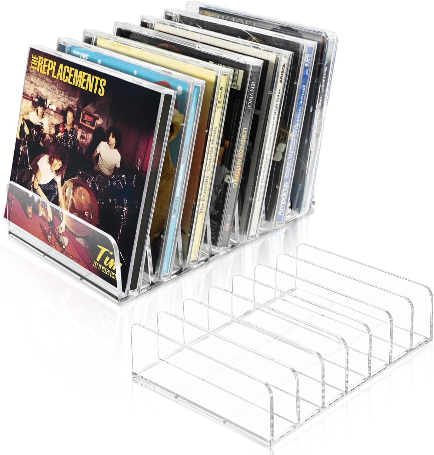 Vowcarol clear acrylic CD holder front view holding music albums on a shelf.