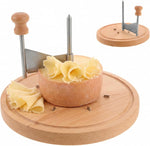 Veemoon cheese curler wheel front view showcasing stainless steel blade and wood base