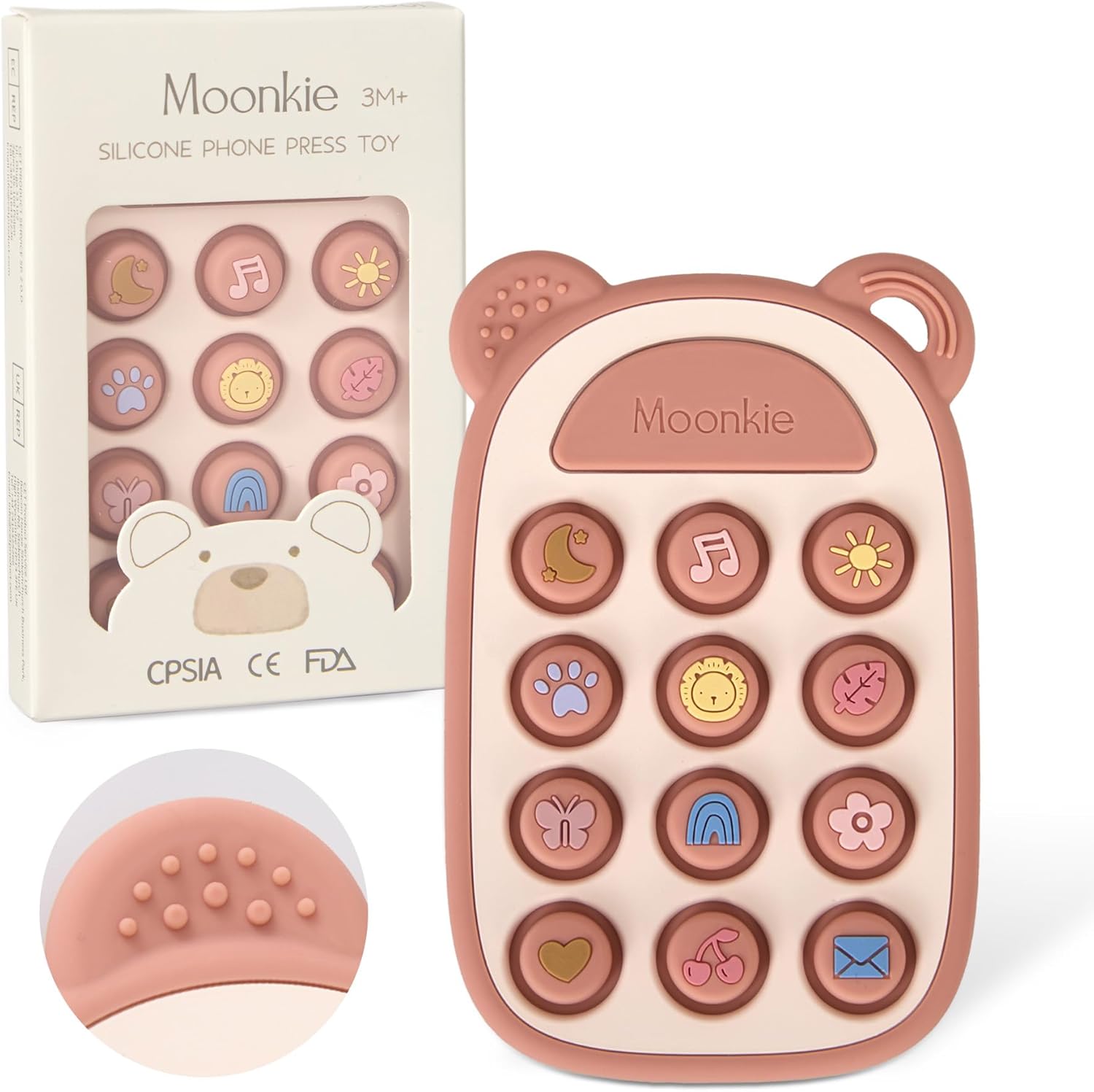 Moonkie Silicone Press Phone Teething Toy front view showing blush pink smartphone design with sensory pop bubbles