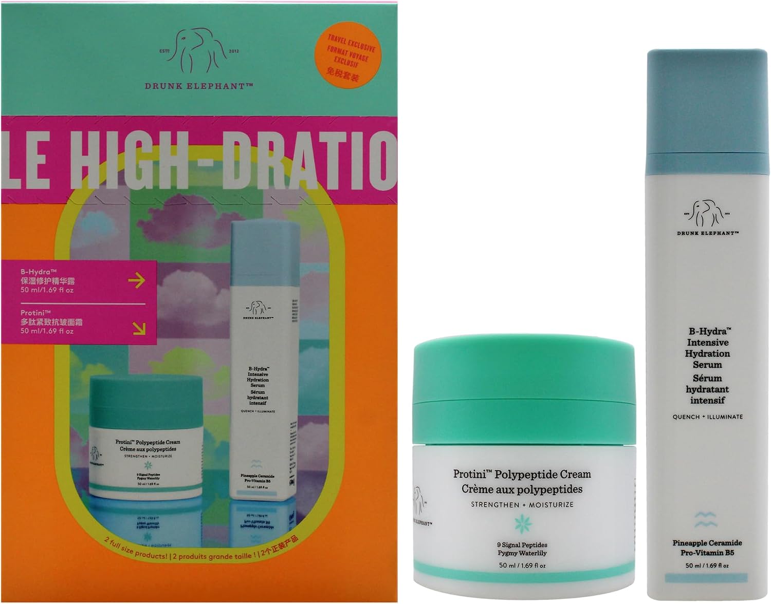 Drunk Elephant Mile High-Dration Club skincare set front view